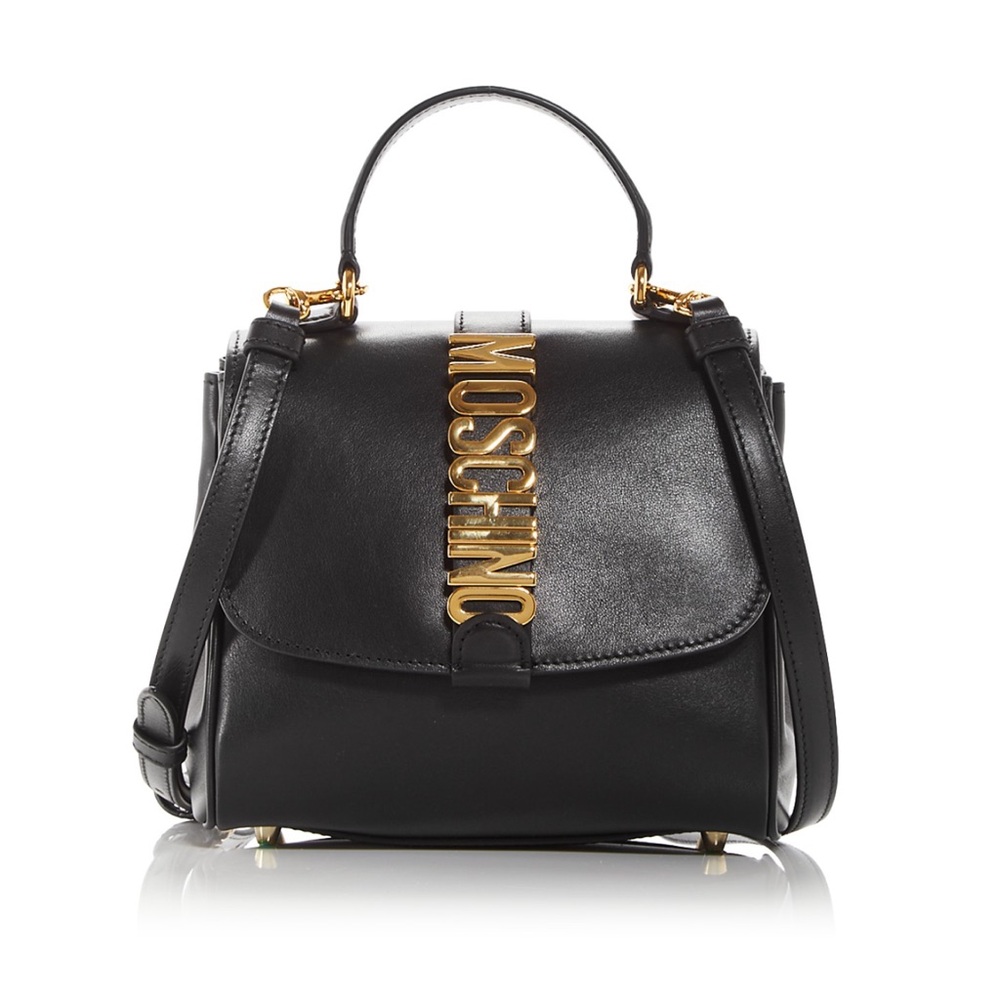 Moschino Black Logo Leather Crossbody Top Handle Handbag